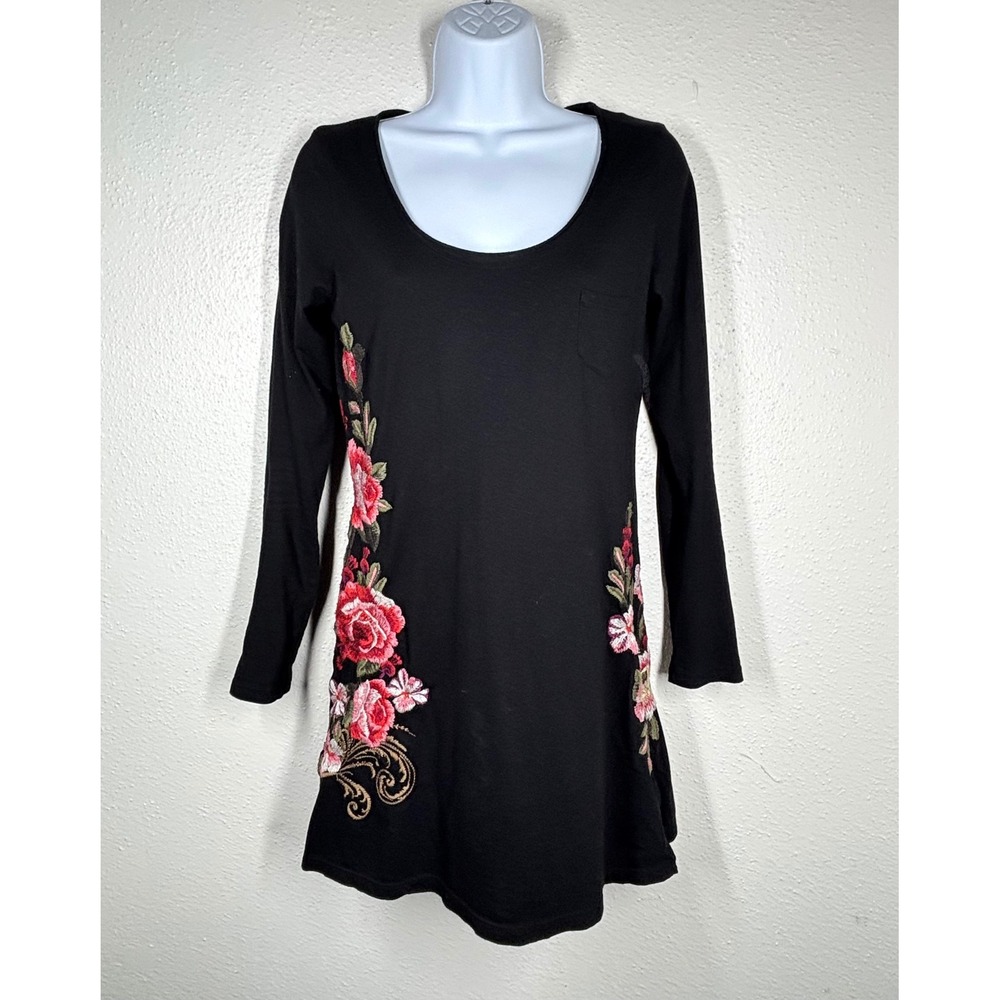 JW‎ Los Angeles Black Embroidered Floral Tunic Mini Dress Womens Small Retro EUC